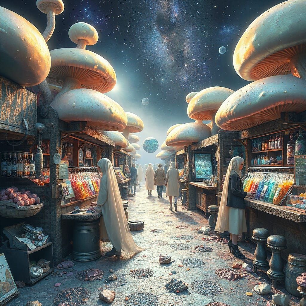 Surreal Alien Market in Dreamlike Pastel Colors