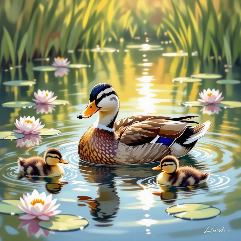 Impressionist Mother Duck and Ducklings in Pond