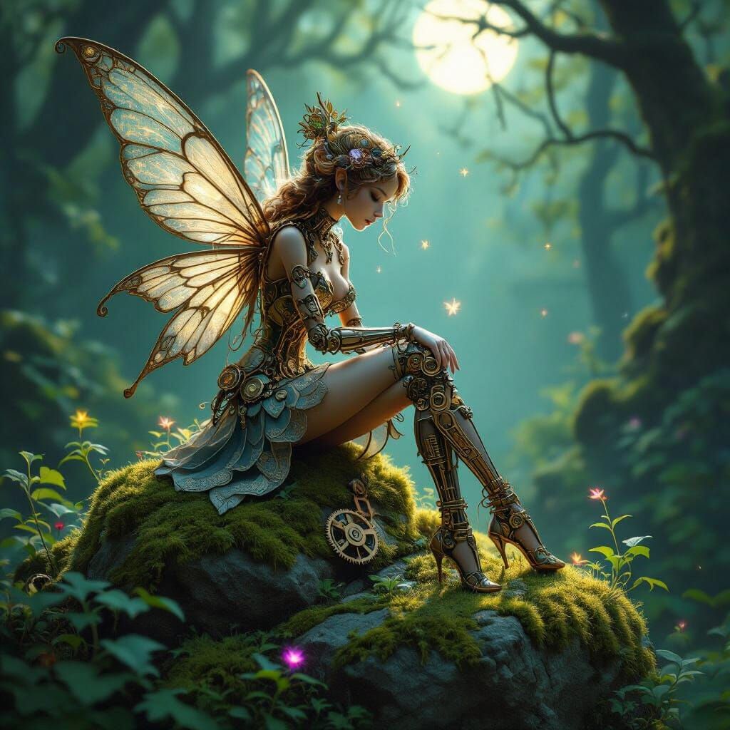 Clockwork Fairy in Moonlit Forest, Romantic Illustration