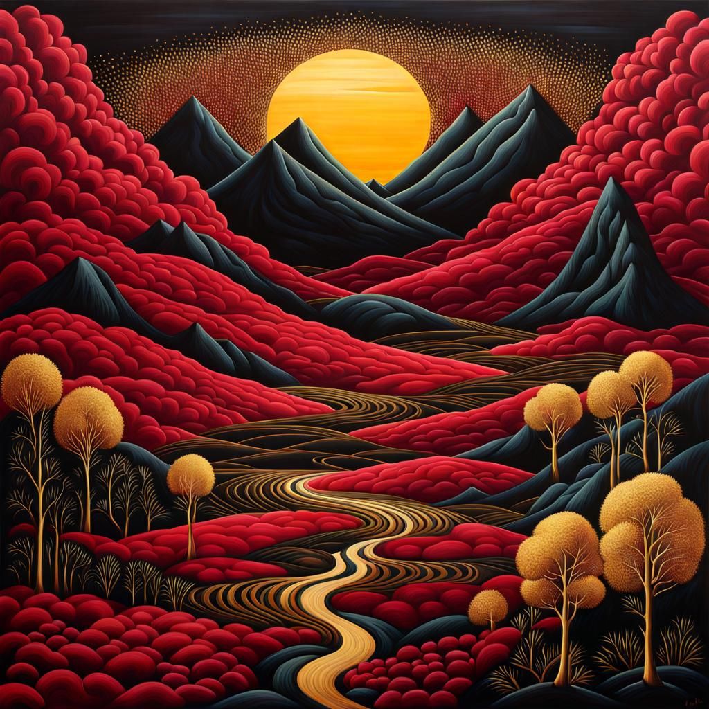 Surreal Landscape with Hidden Presence in Crimson and Gold