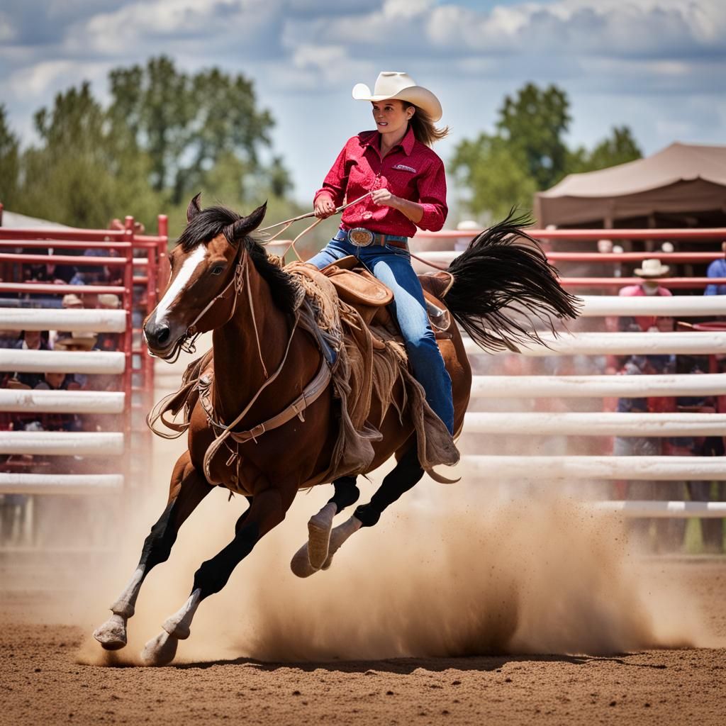 Cowgirl Rides Bronco at Rodeo