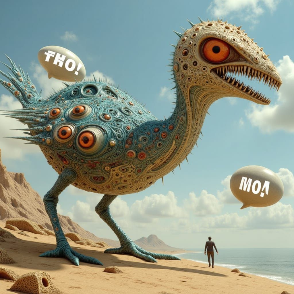 Scary Moa Bird on Beach with 'LOL! Thanks!' Speech Bubble