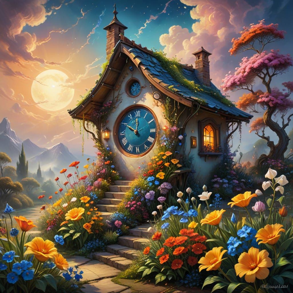 Surreal Garden Scene in Whimsical Oil Painting Style