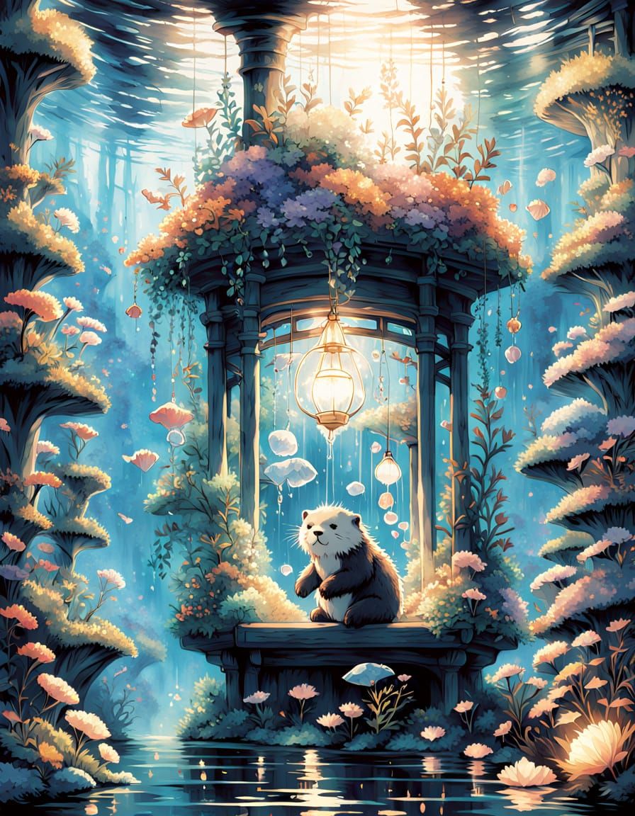 Anime Sea Otter in Bioluminescent Kelp Forest