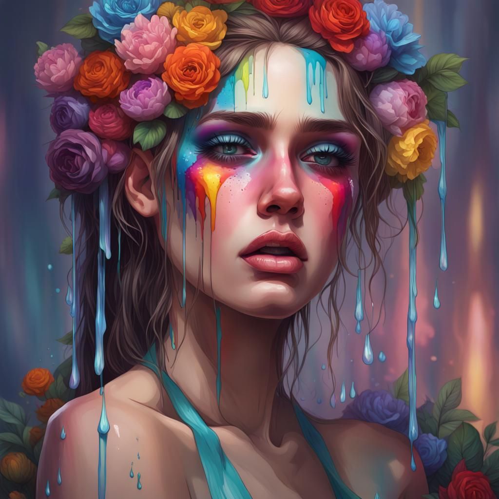 Sad Girl with Rainbow Tears: A Hyperdetailed Portrait