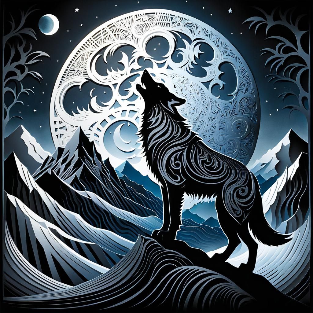 Geometric Wolf Howling at Moon, Kirigami Art