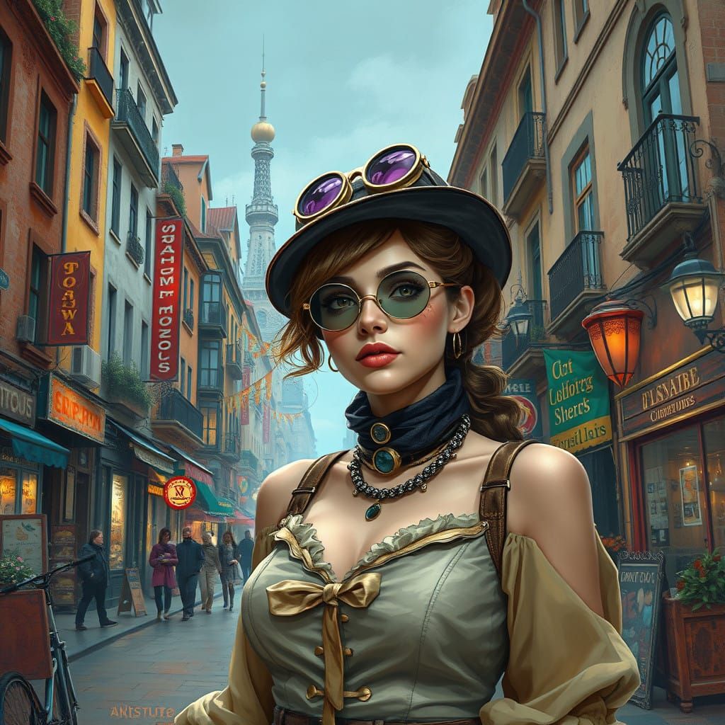 Surreal Steampunk Cityscape with a Young Woman in Vibrant Eu...