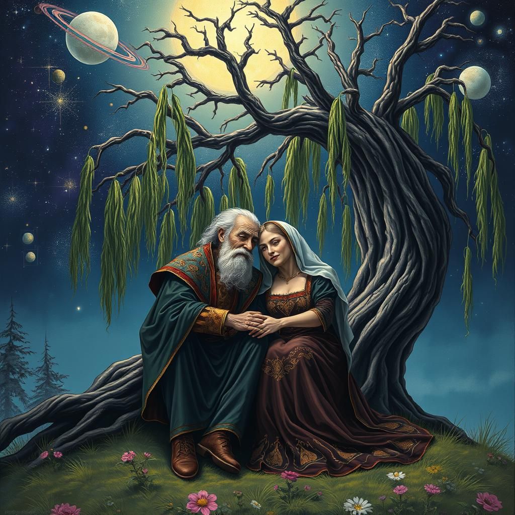 Medieval Couple Under Celestial Willow Tree