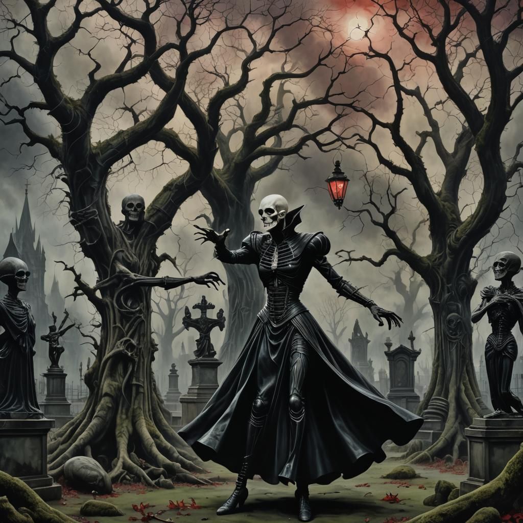 Nosferatu and Ballerina Dance in Graveyard, Giger Painting