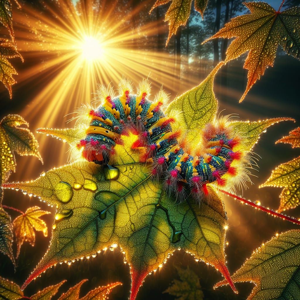 Hyperrealistic Caterpillar on Dewy Maple Leaf in Macro Photo...