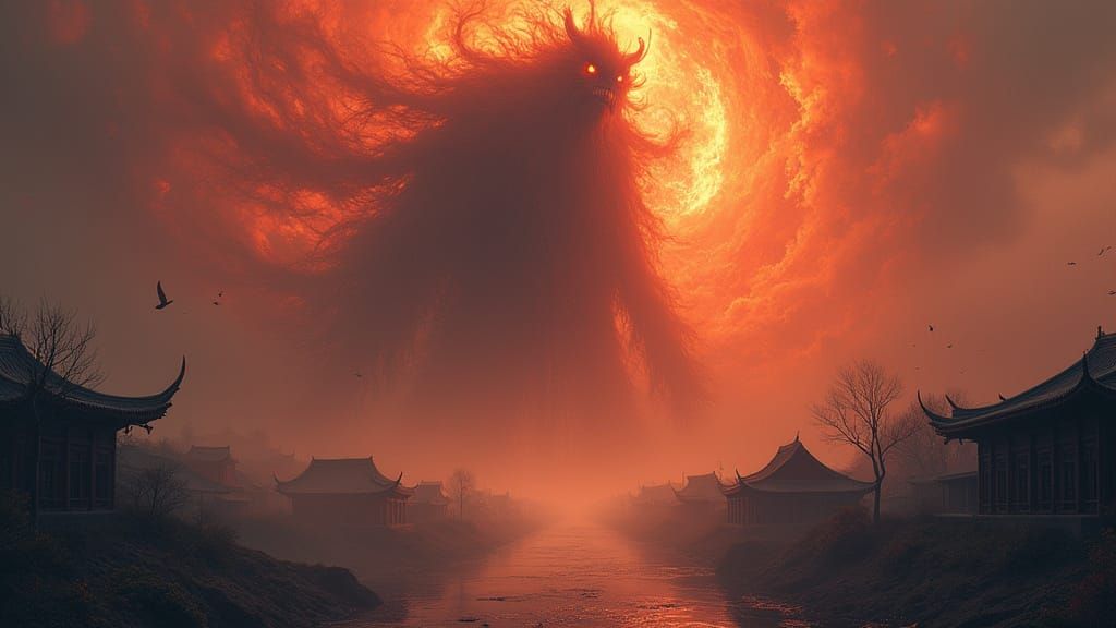 a giant apparition crafted from smoke flame and madness looms over a wuxia village