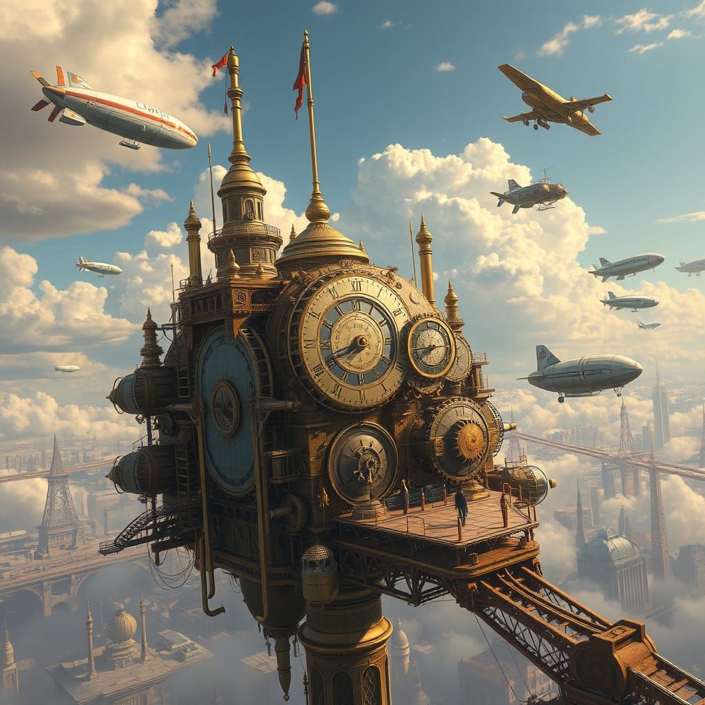 Steampunk Clockwork Skybase Marvels with Victorian Engineeri...
