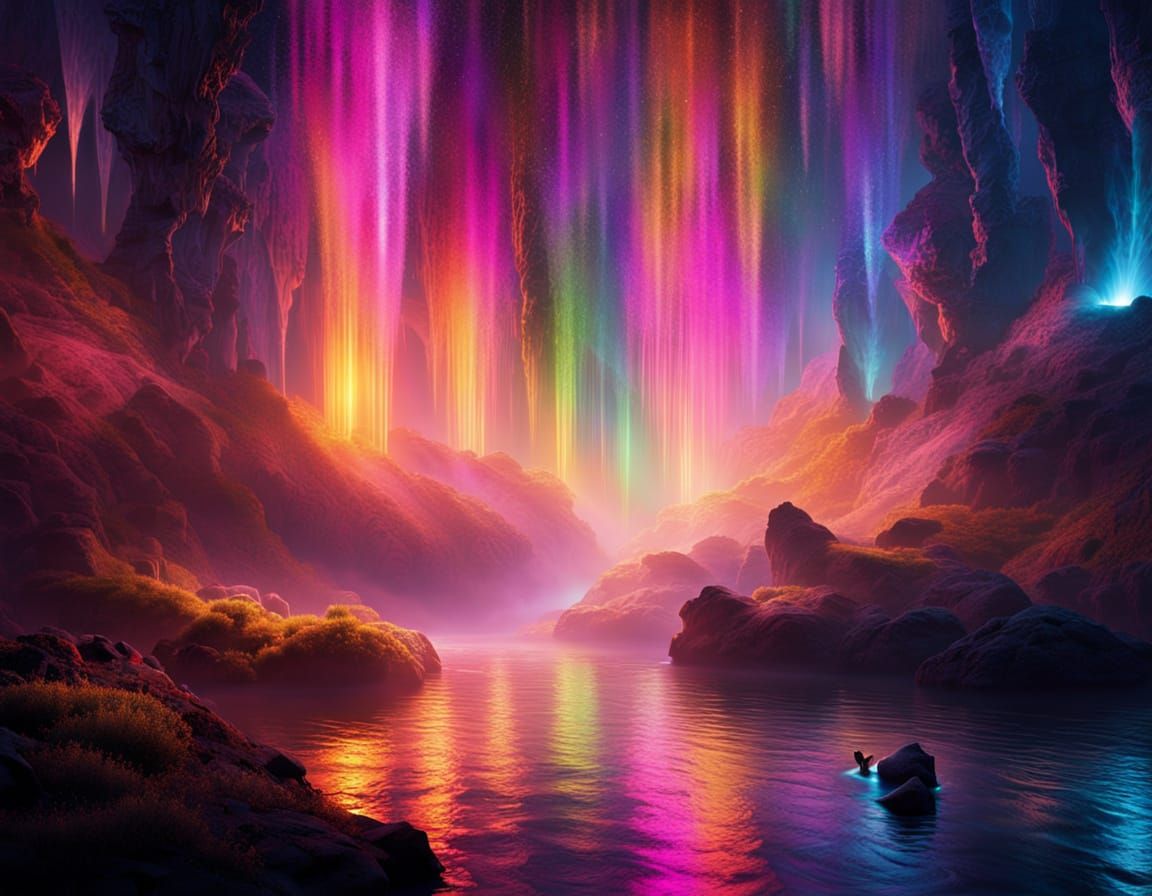 surrounded by a mesmerizingly surreal scene painted with swirling, vibrant polychrome light beams that twist and dance t...