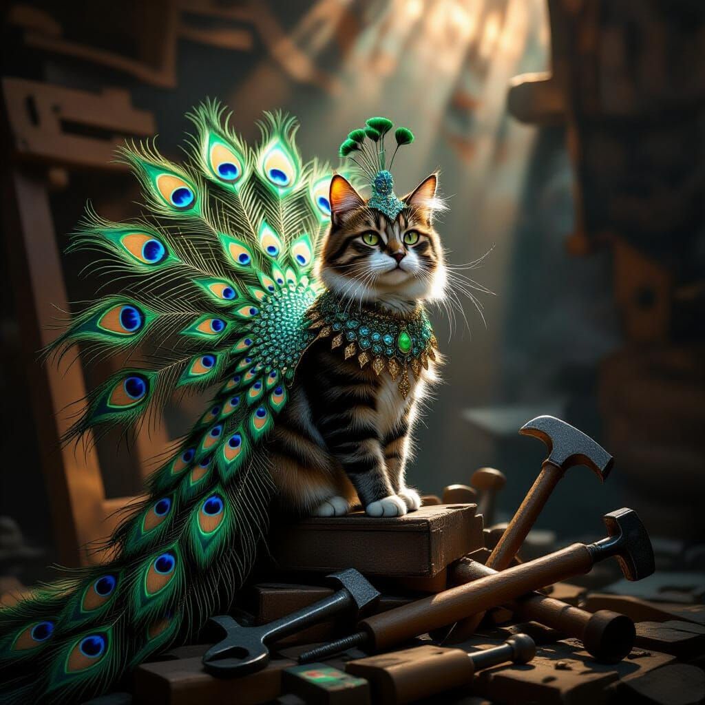 Cat in Peacock Costume on Antique Tools