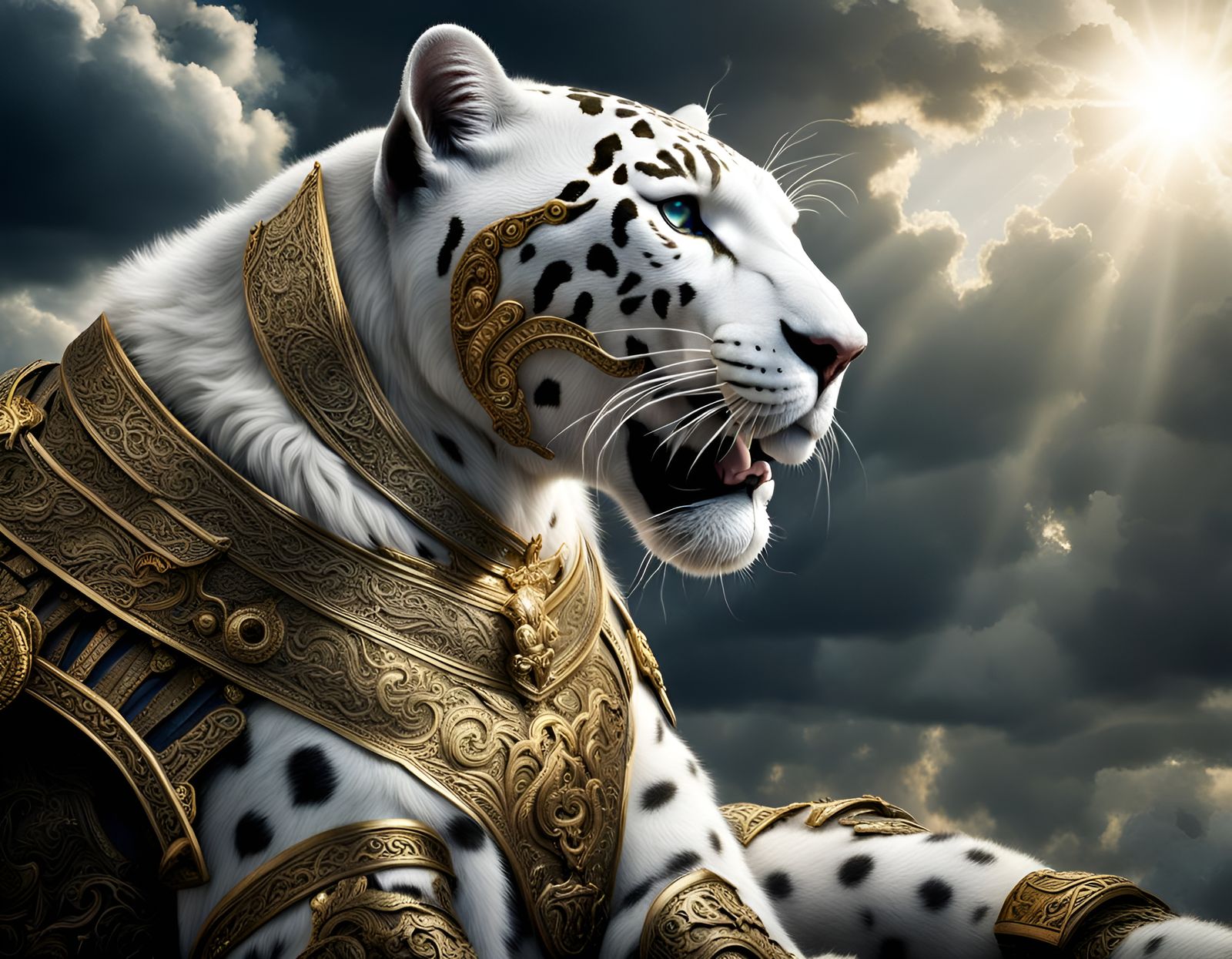 Armored Celestial White Panther with Sword of Light