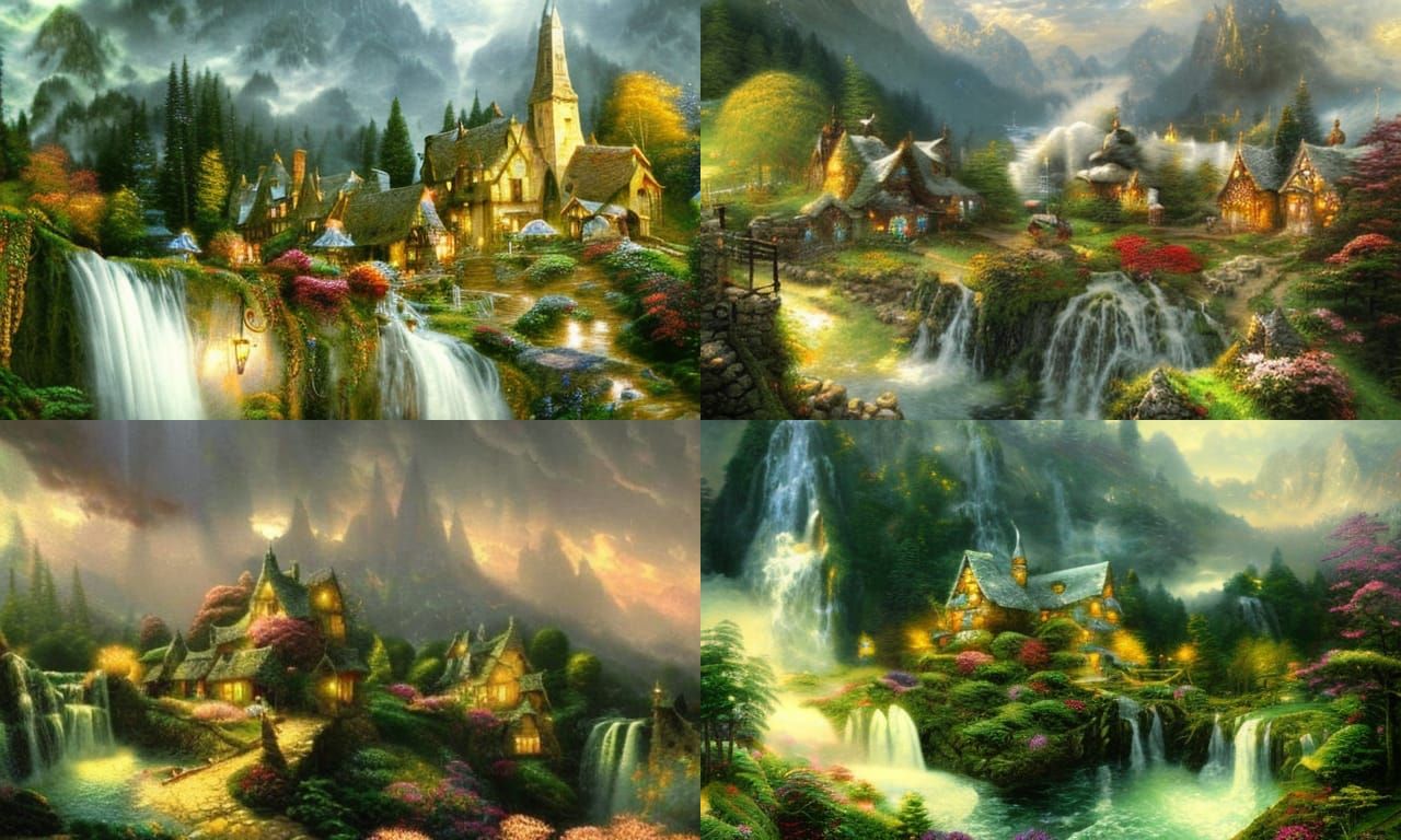 Ethereal Fantasy Village with Waterfalls in Pastel