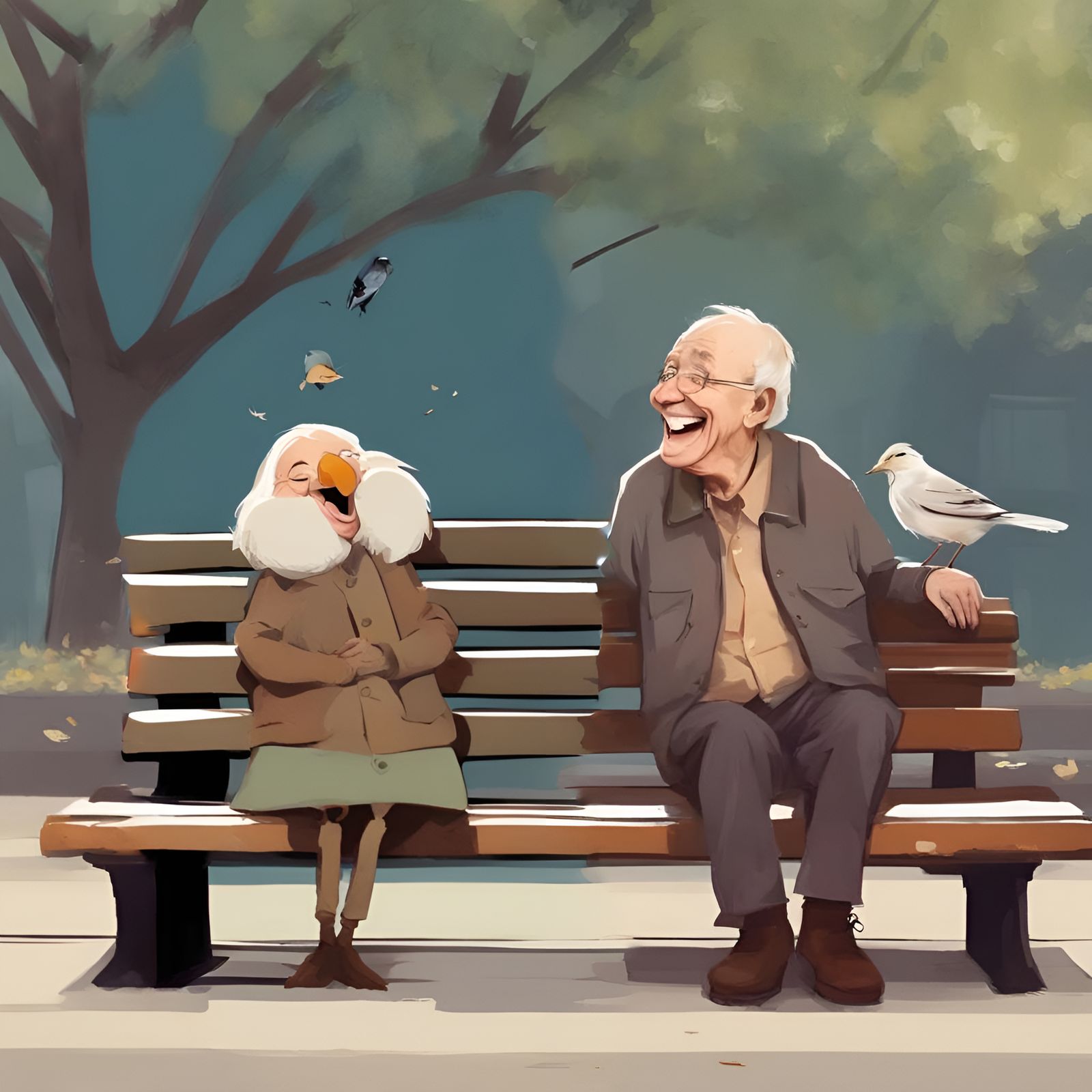 Bird Perched on a Laughing Old Man