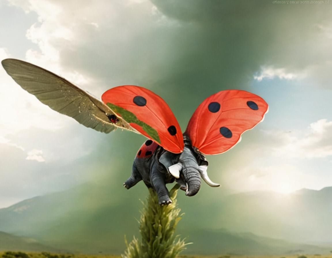 Elephant with Ladybug Wings on the Prairie