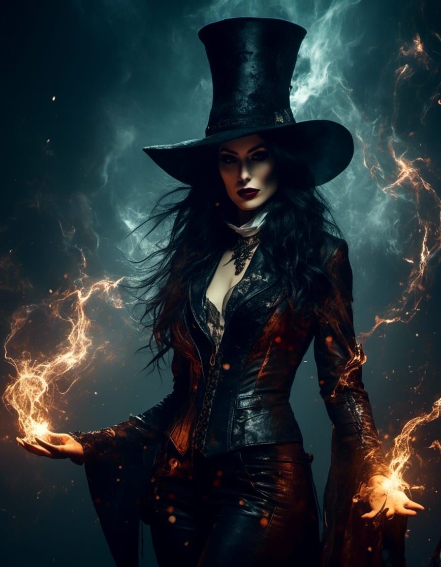 Gorgeous Witch Magician with Flying Particles