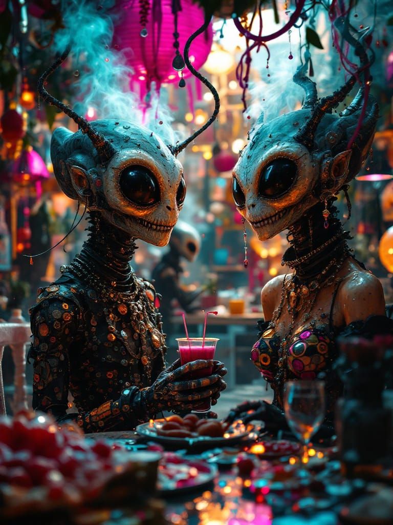 Cosmic Aliens Party in Photorealistic Magical Realism