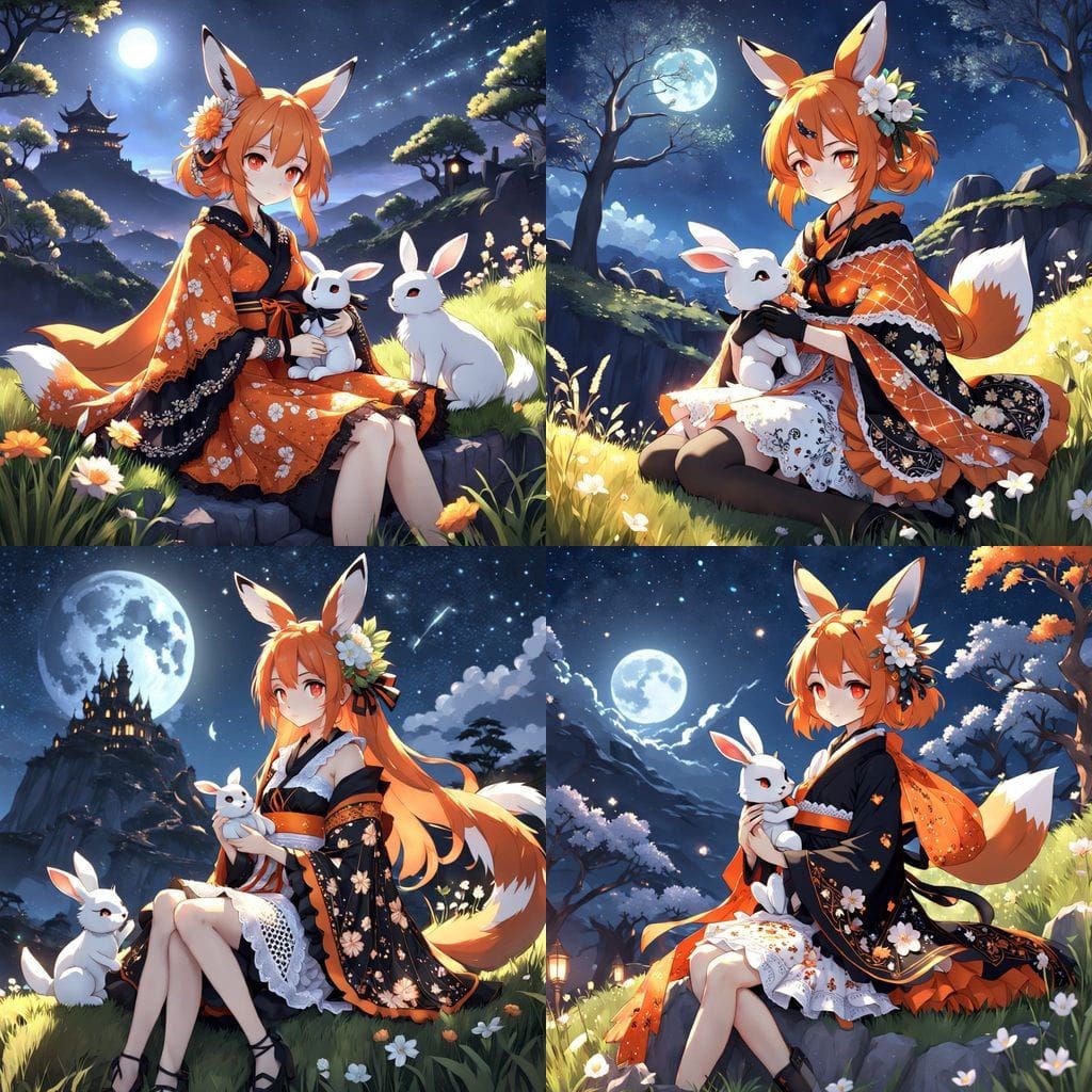 Anime Fox Girl Under Starry Night Sky