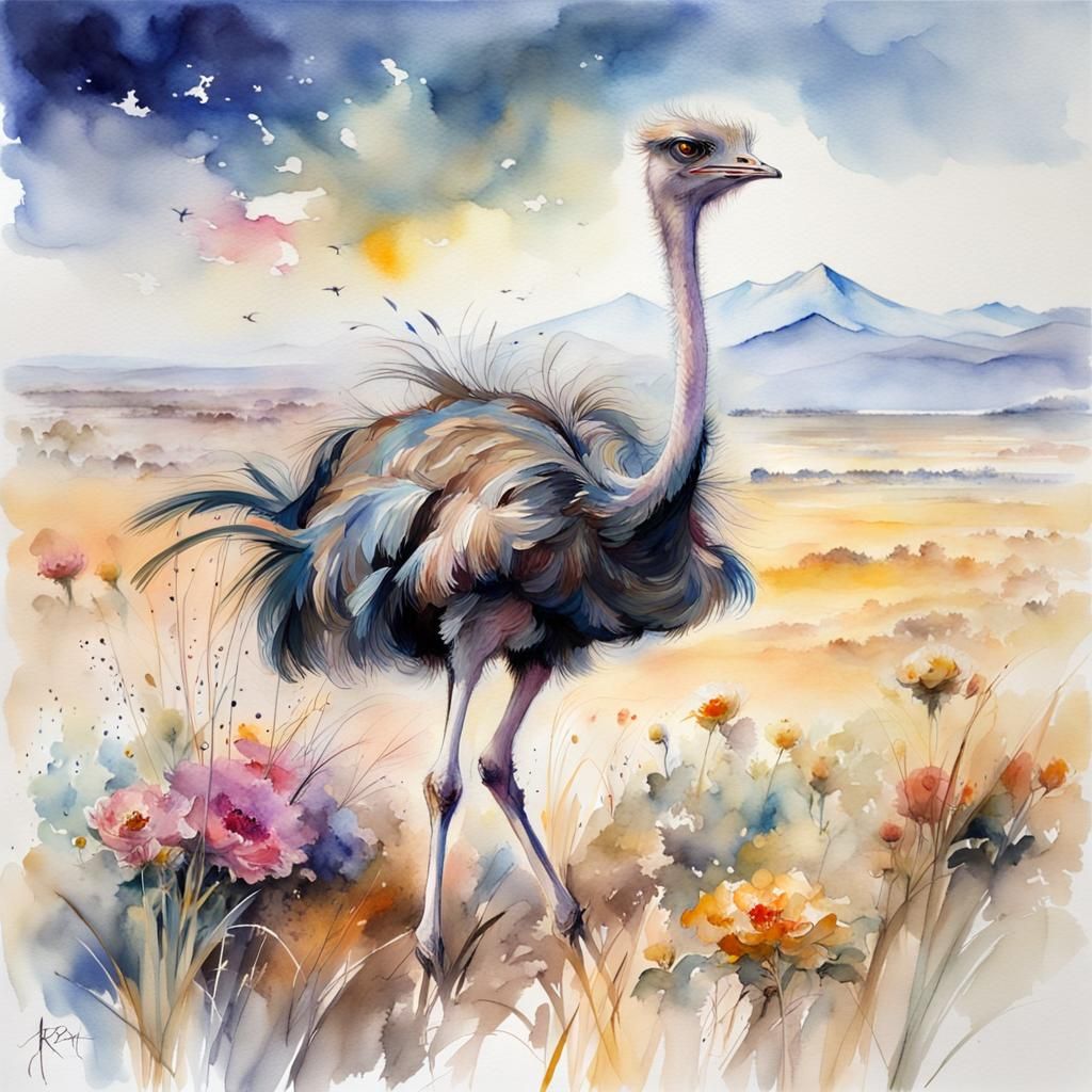 Ostrich Runs on Plains in Watercolour Fantasy Style