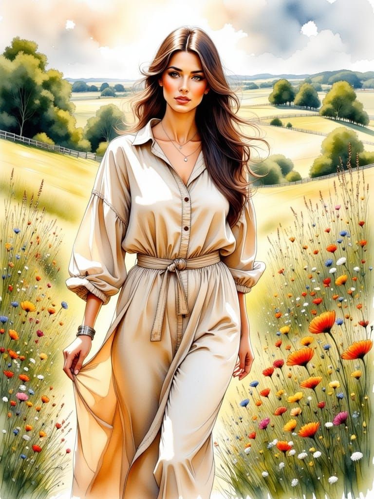 Brunette in Beige Dress: Detailed Ink Landscape