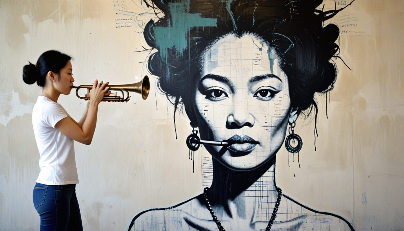 Woman Plays Trumpet Before Expressive Street Art