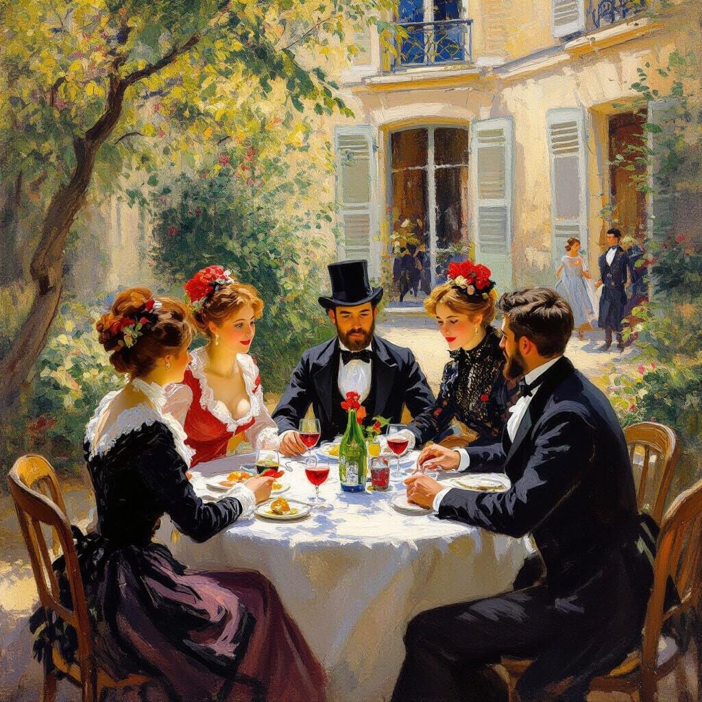 Impressionist Luncheon Scene in Sunny Parisian Courtyard
