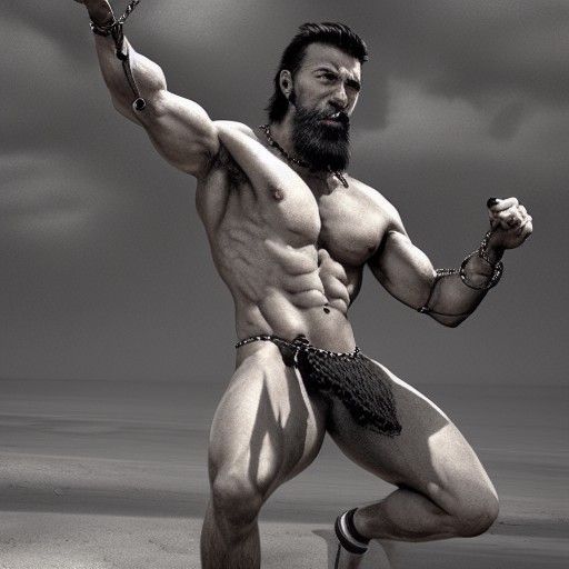 Hyperrealistic Man Chained Among Skeletons