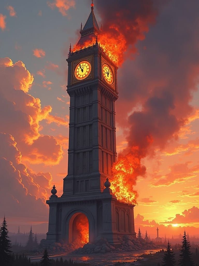 Majestic Clock Tower Ablaze at Sunset
