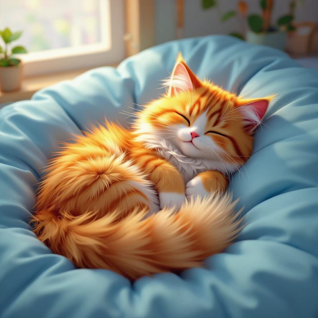 Fluffy Orange Cat Sleeping on Blue Bed in 3D Anime Style