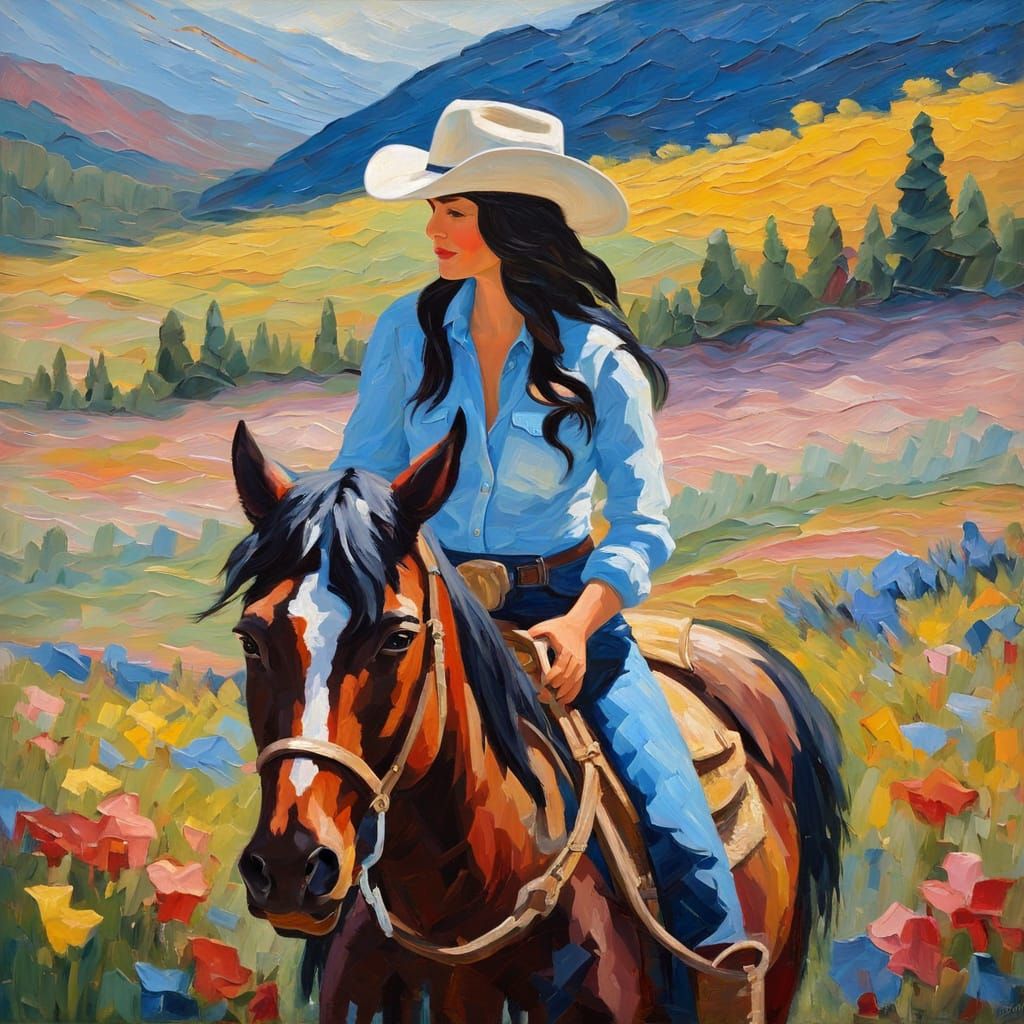 Cowgirl Rides Through Meadow as Impasto Oil Painting