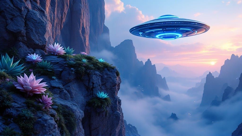 A UFO flies above the clouds.