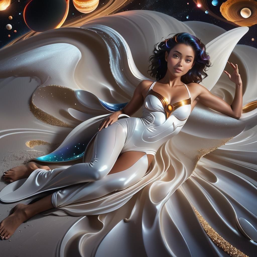 Woman Surfing in Space in Cartoon Style