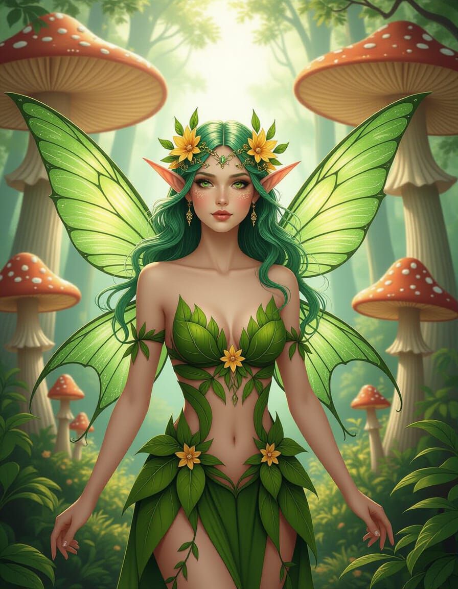 Ethereal Fairy with Green Wings in Enchanted Forest