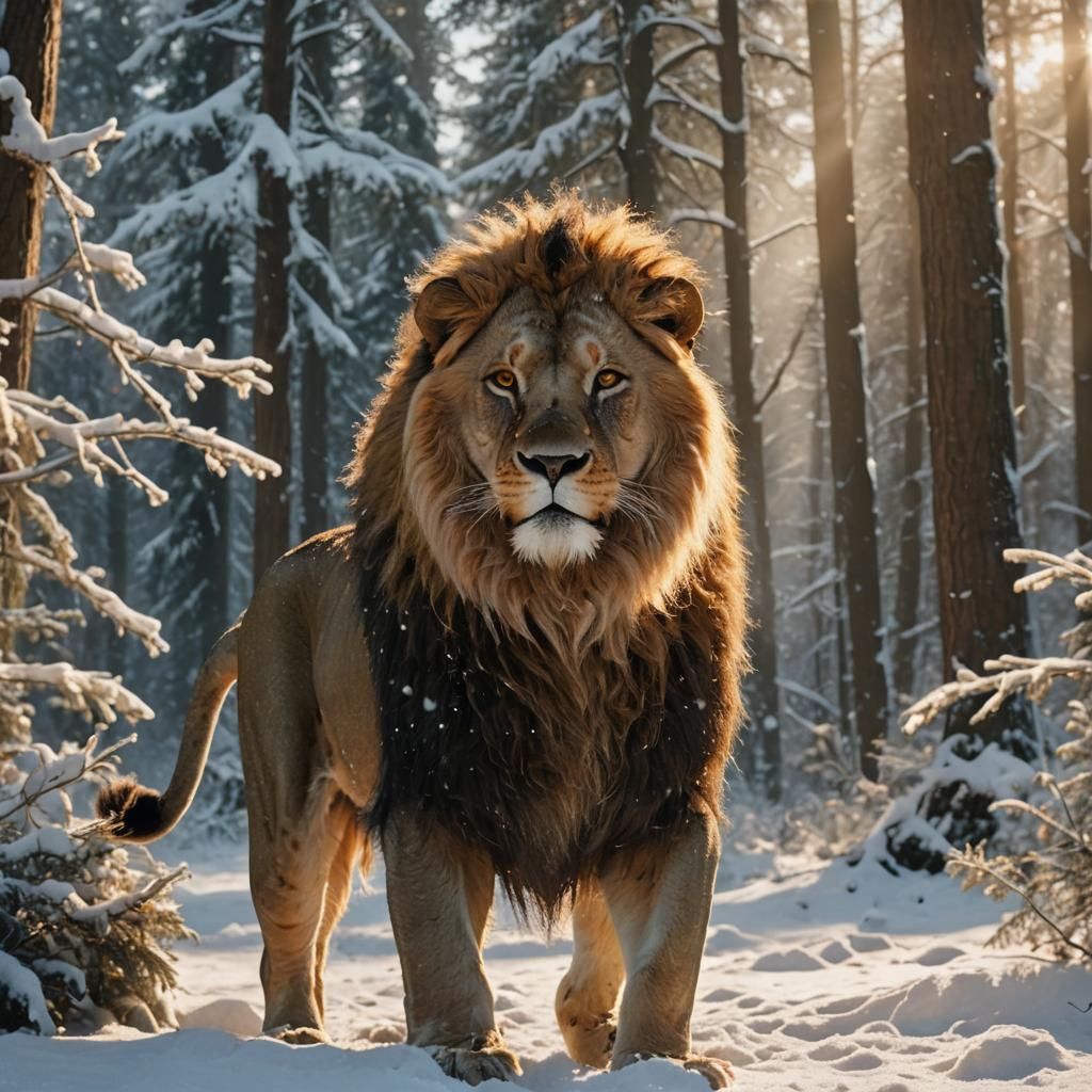 Majestic Lion in Winter Forest, Cinematic Still
