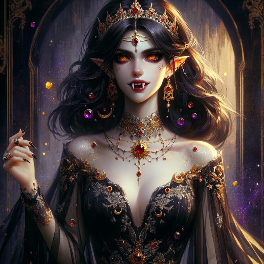 Gothic Fantasy Vampire Half-Elf in Art Nouveau Style