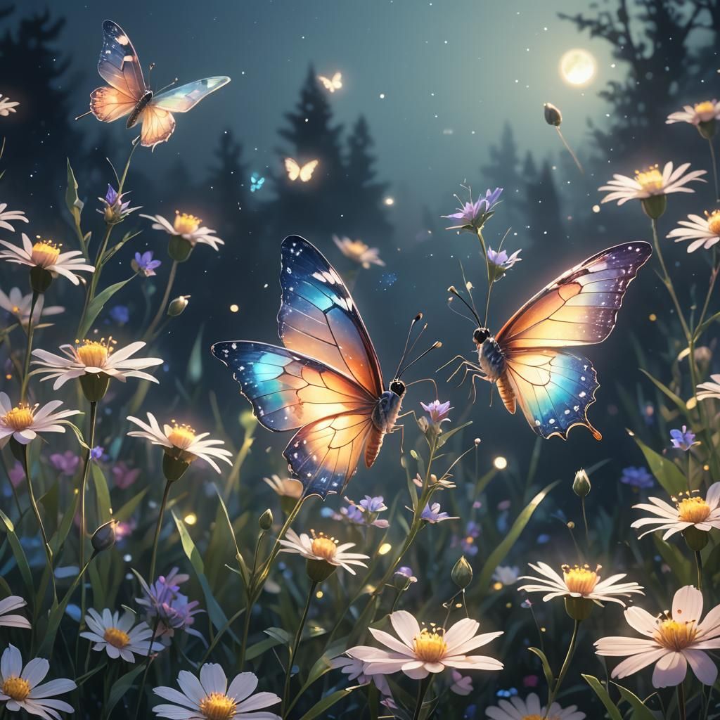Dreamy Low-Poly Butterfly in Moonlit Fog