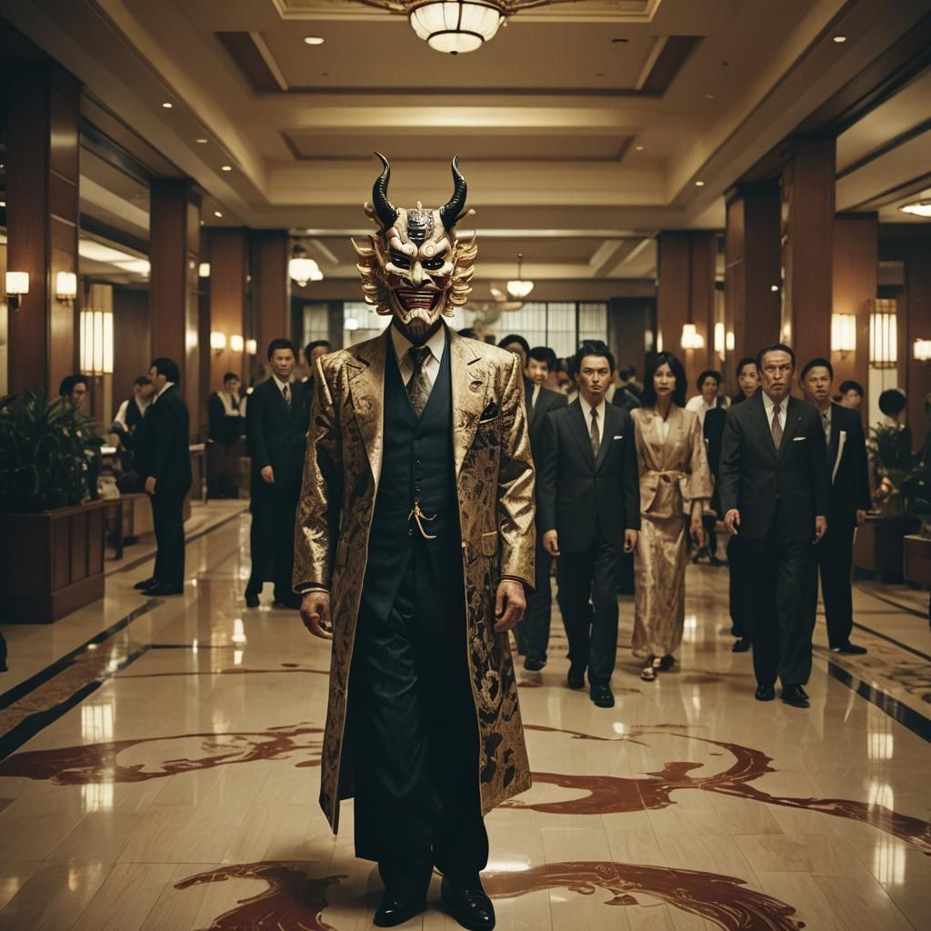 Yakuza Boss in Demon Mask, Cinematic Hotel Lobby