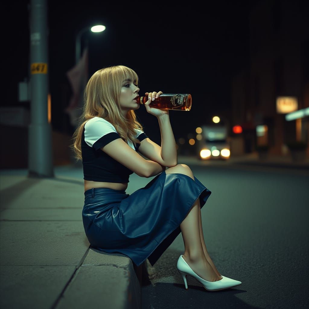 Film Noir: Woman on Curb at Night