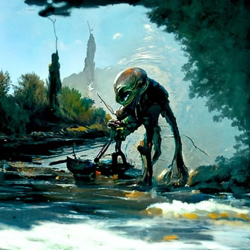 Alien Angler in Oil Painting Style