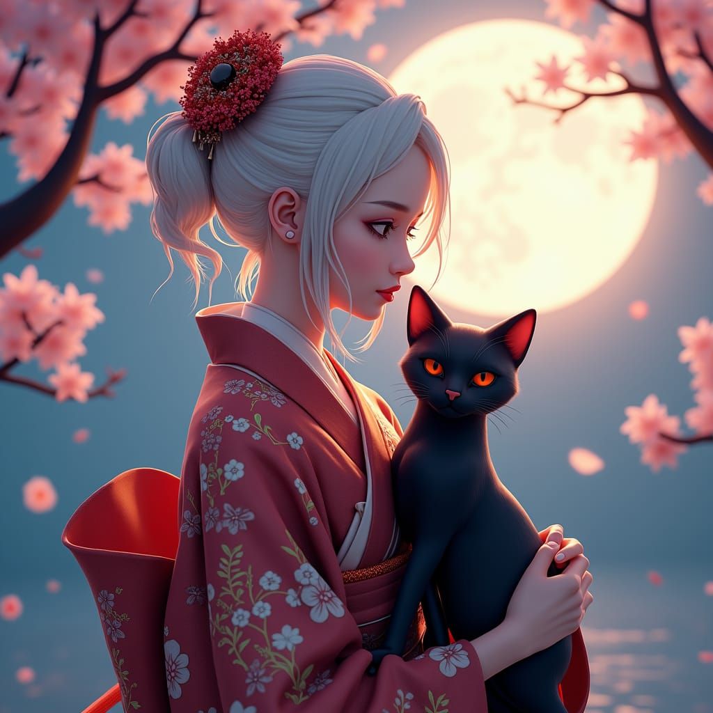 Japanese Woman with Cat in Anime Style