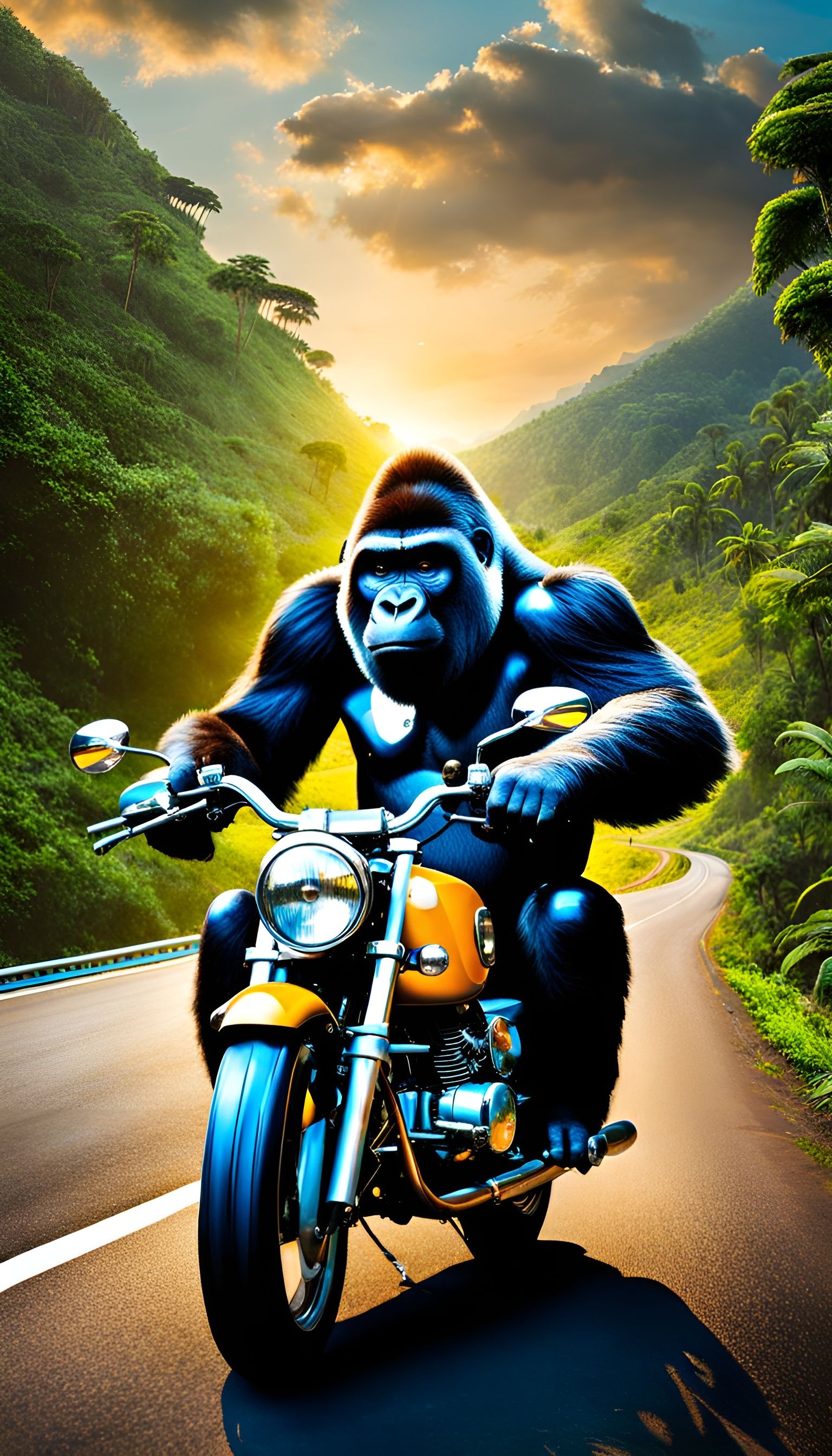 Gorilla Rides Motorbike Down Highway