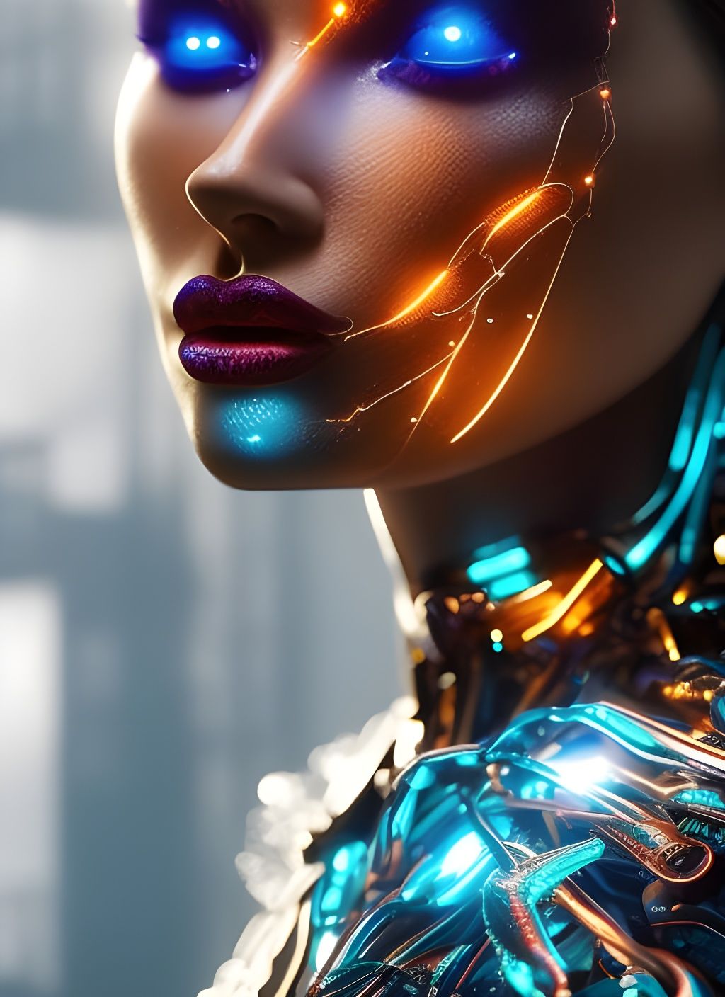 Decomposing Cyborg with Glowing Elements in Cyberpunk Style
