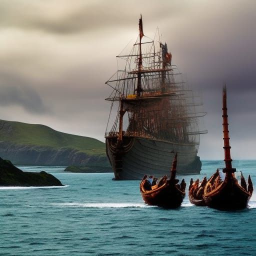 viking ships in the middle of the ocean, an imposing and dramatic sky, vikings on the deck of the ship, an enemy island ...