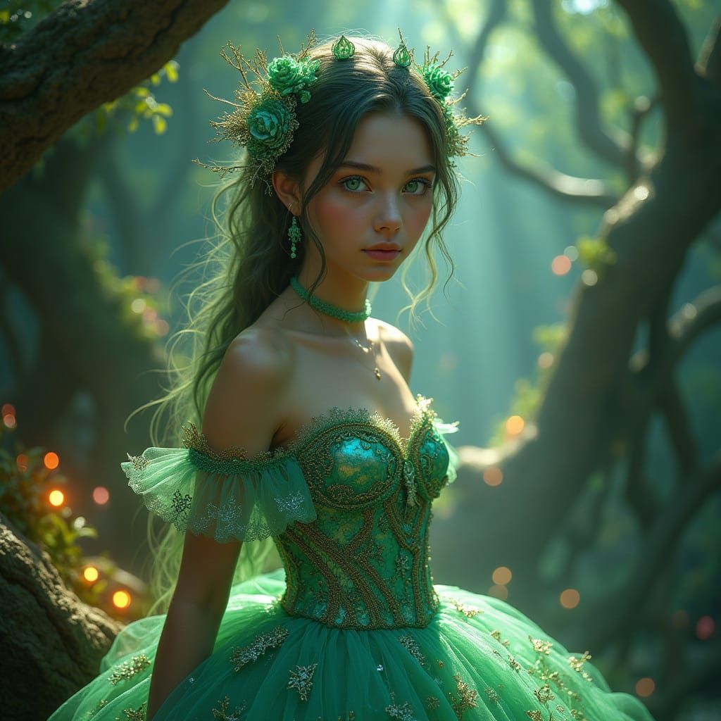 Ethereal Girl in Iridescent Gown in a Lush, Mystical Landsca...