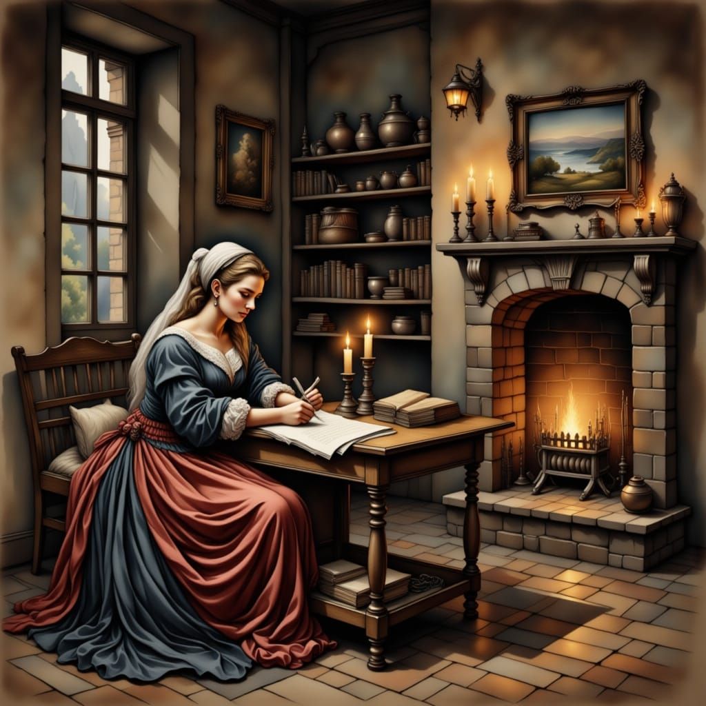 Renaissance Woman Writing by Candlelight