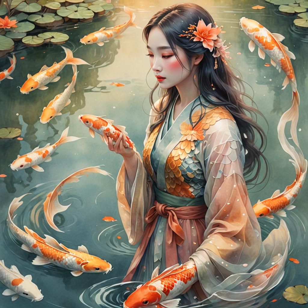 Koi Mystic in Watercolor Fantasy Art