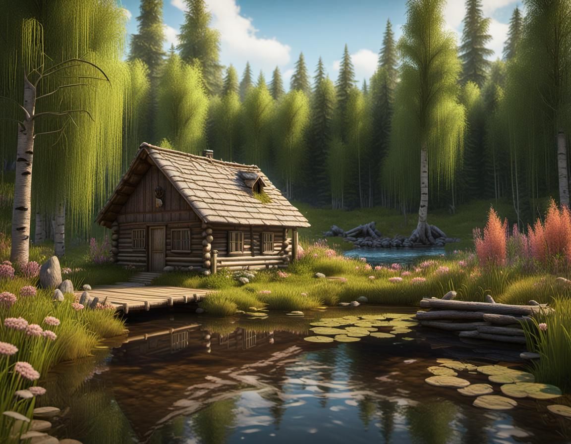 beaver pond with a lodge and dam, beaver, willow & birch trees, reeds, wild flowers